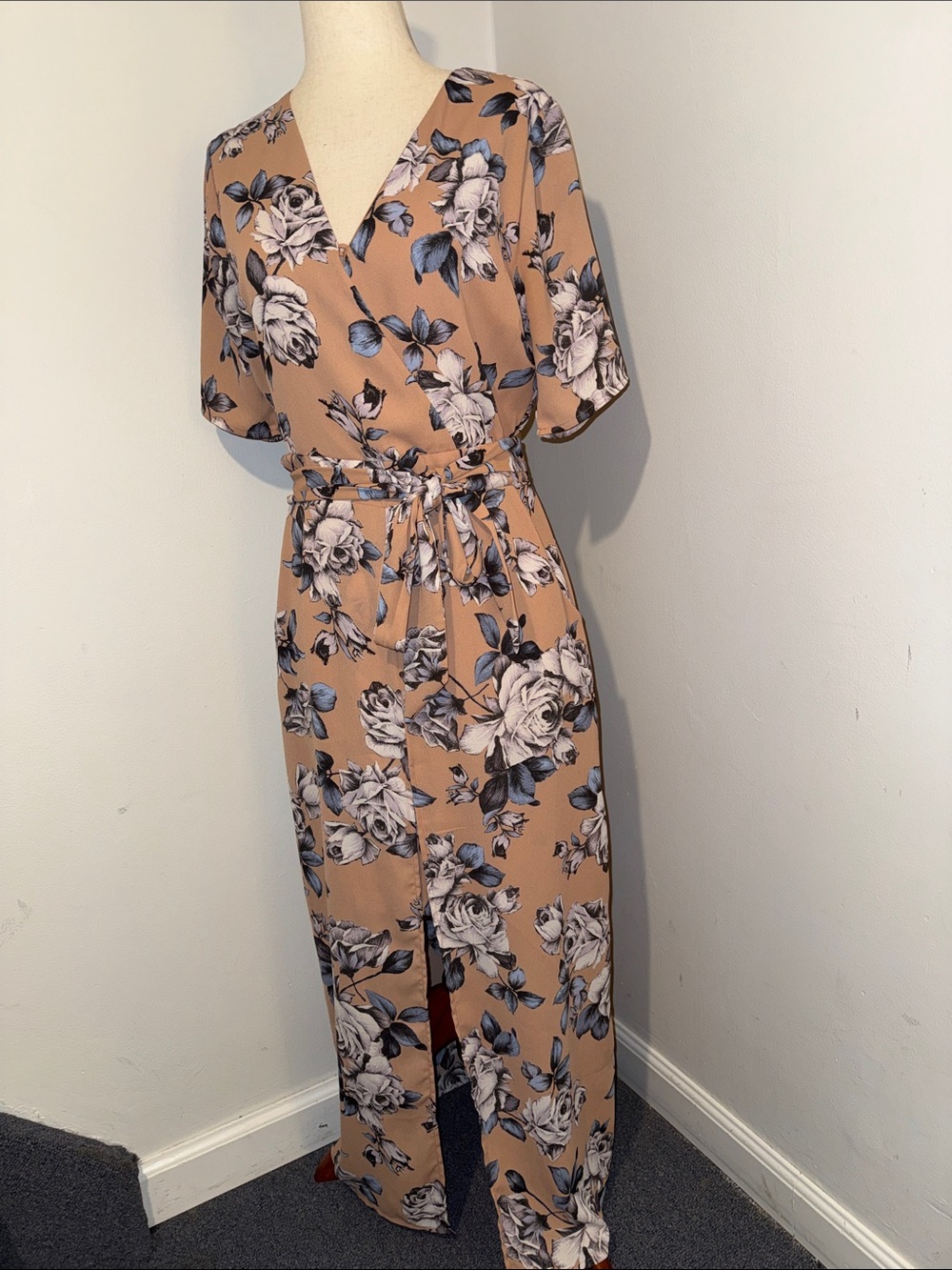 Sienna Sky Tan Floral Maxi Dress with Blue Accents